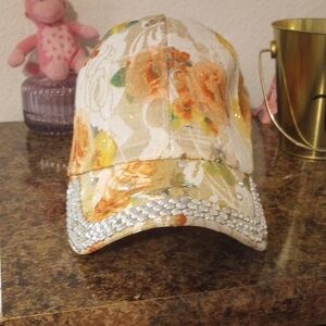 Floral Women's Cap with Rhinestone Trim